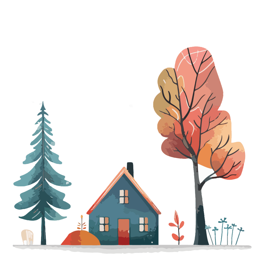 Photo of a house that is green in colour, with a green tree on its left and an orange tree on the right.