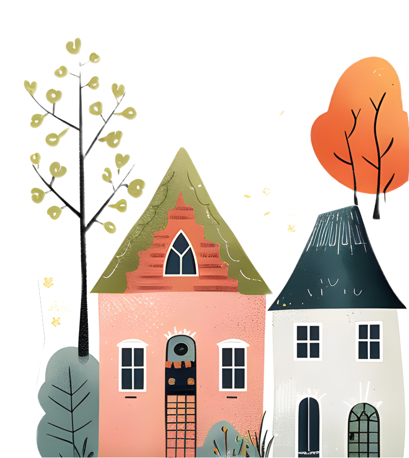 Two houses together with trees.